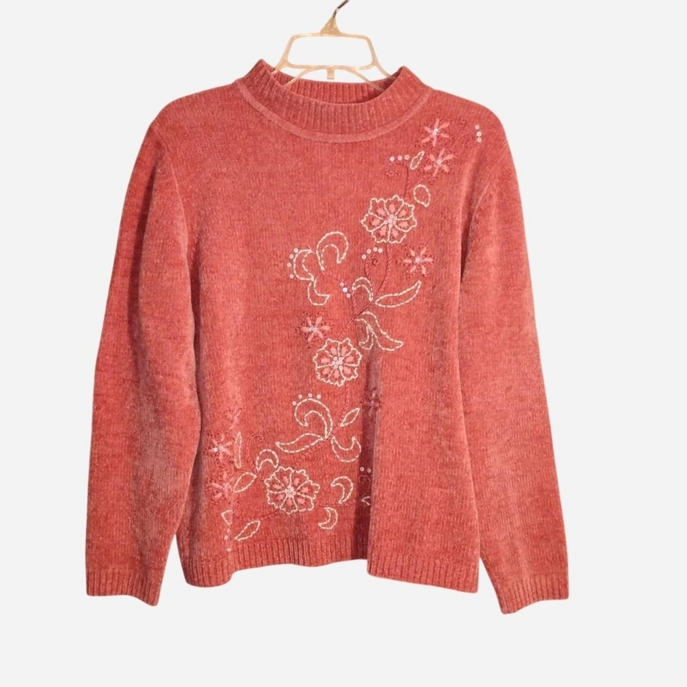 Alfred Dunner Dusty Rose Chenille Sweater - Size Large - Floral Sequin E